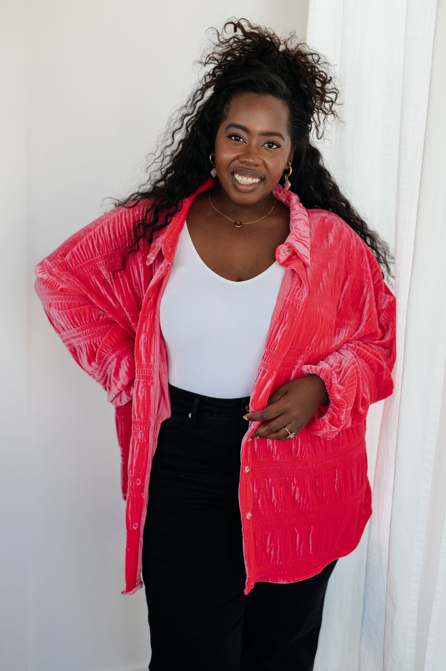 Feeling Fuchsia Velvet Button Downp