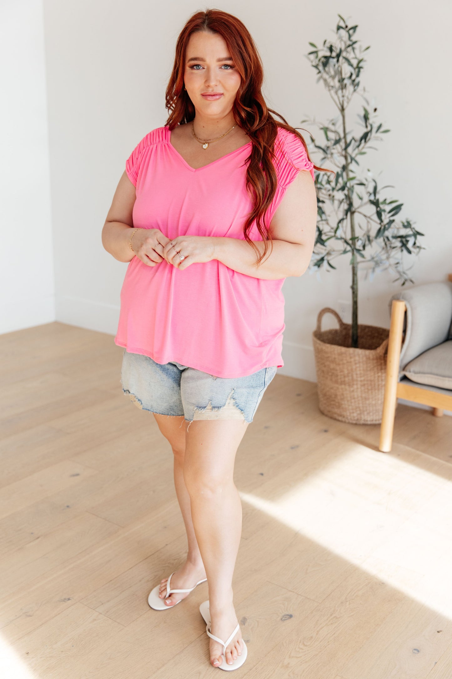 Ruched Cap Sleeve Top in Neon Pink