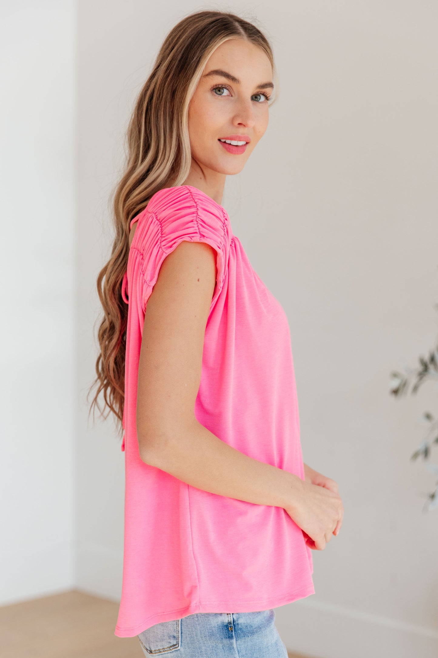 Ruched Cap Sleeve Top in Neon Pink