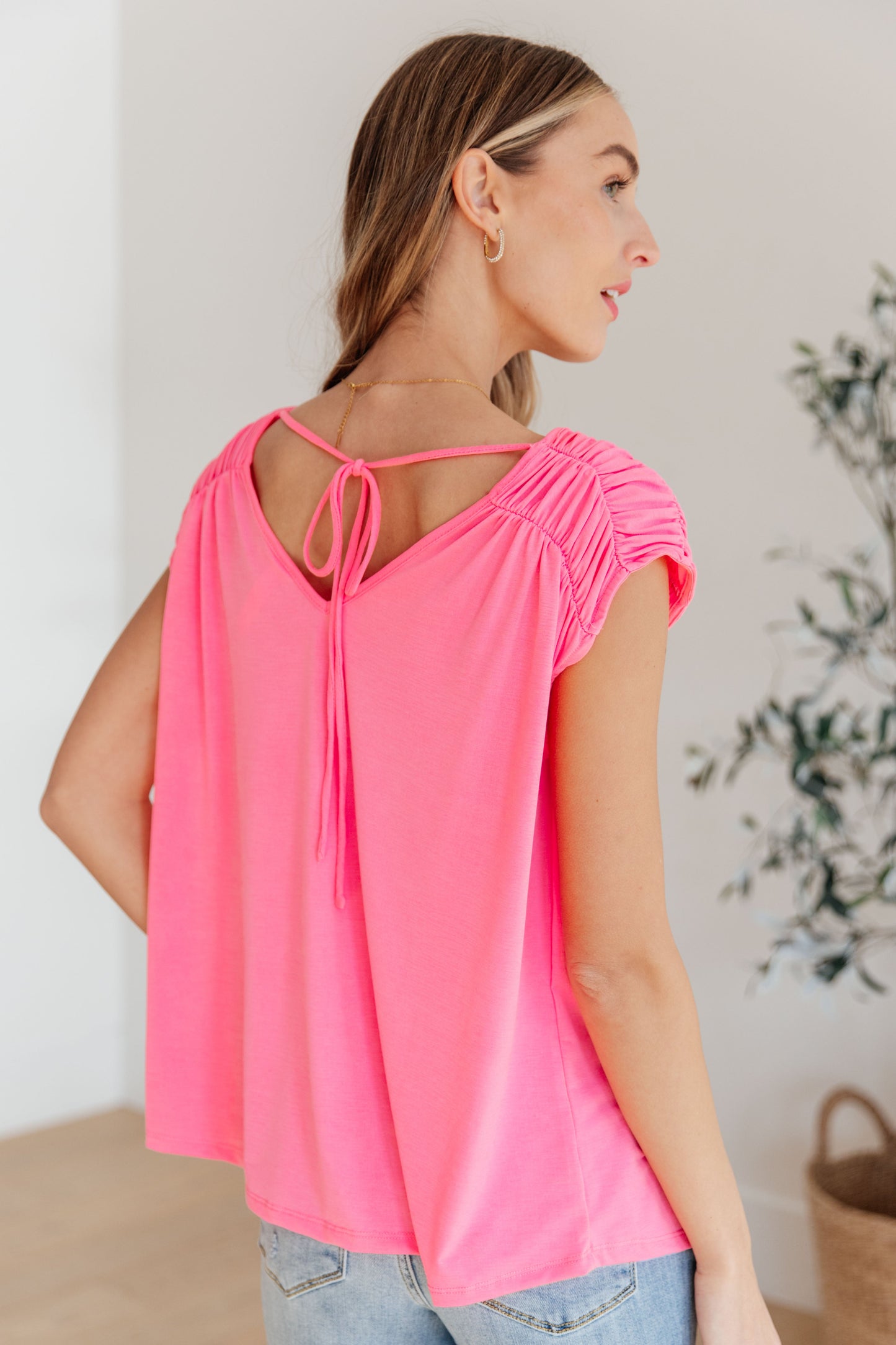 Ruched Cap Sleeve Top in Neon Pink