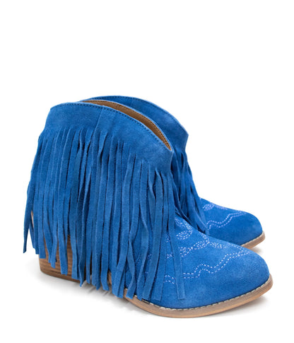 Amos Fringe Ankle Bootie in Blue Suede