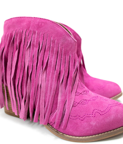 Amos Fringe Ankle Bootie in Magenta Suede