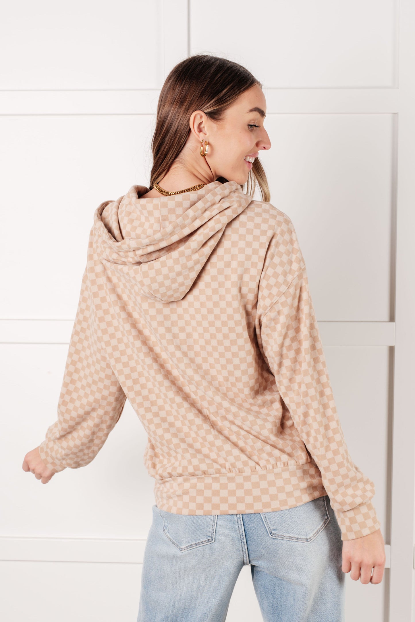 Ask Me Out Checkered Hoodie in Khaki