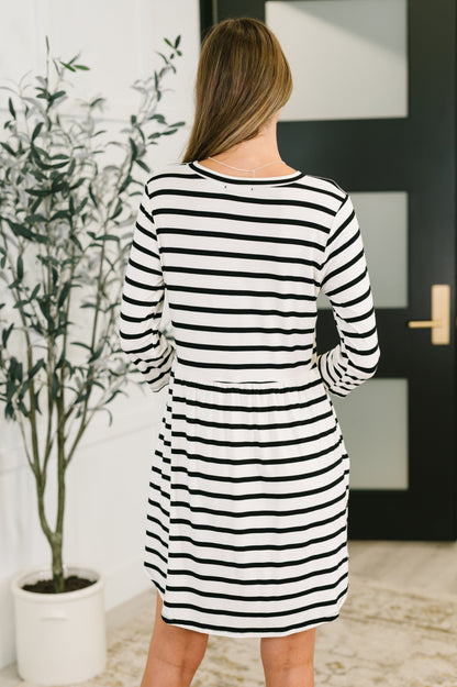 Haute Mess Scooped Hem Casual Dress in Black and White Striped