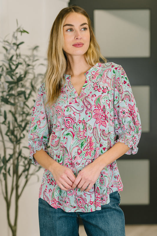 Lizzy Smock Top in Mint and Pink Floral Paisley