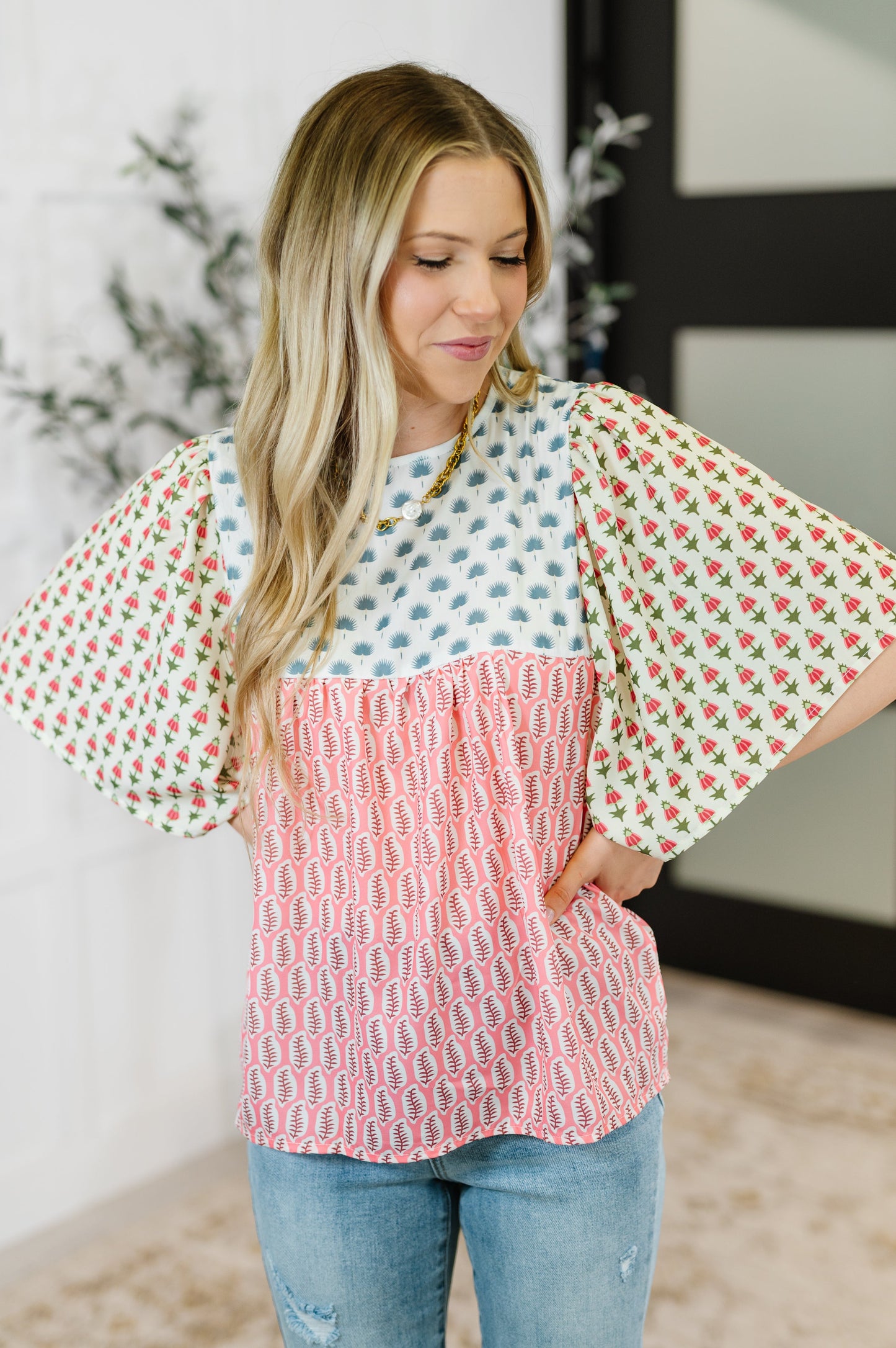 Outside Advantage Mixed Print Boho Blouse