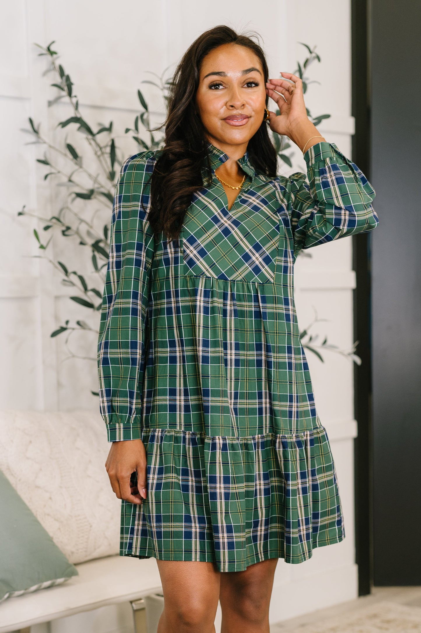 Plaid Perspective Split Neck Long Sleeve Dress
