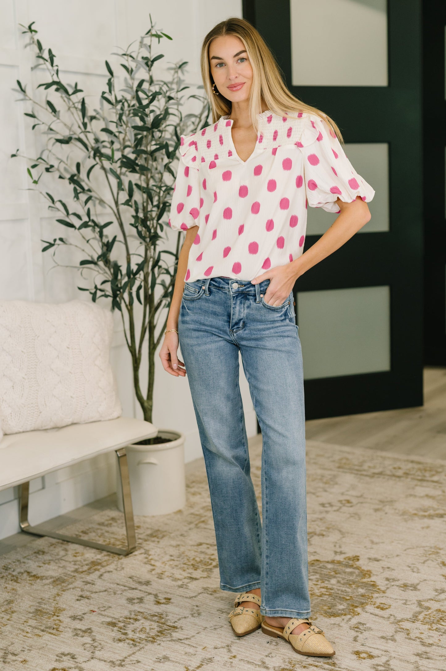 Shopping Spree Notched Neck Puff Sleeve Blouse