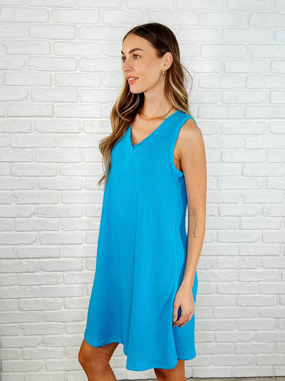 The Power I Hold V-Neck Ribbed Knit Dress in Aqua Glow