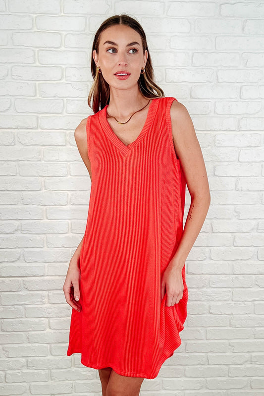 The Power I Hold V-Neck Ribbed Knit Dress in Summer Coral