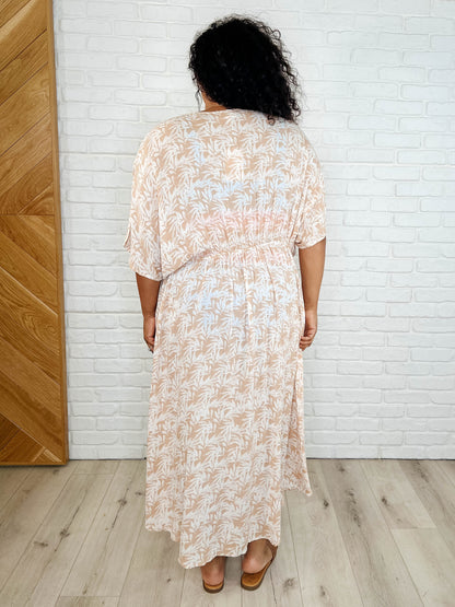 Tropical Print Gauze Kimono with Elastic Waist Tie in Milk Tea