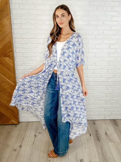 Tropical Print Gauze Kimono with Elastic Waist Tie in Periwinkle