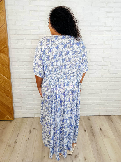 Tropical Print Gauze Kimono with Elastic Waist Tie in Periwinkle