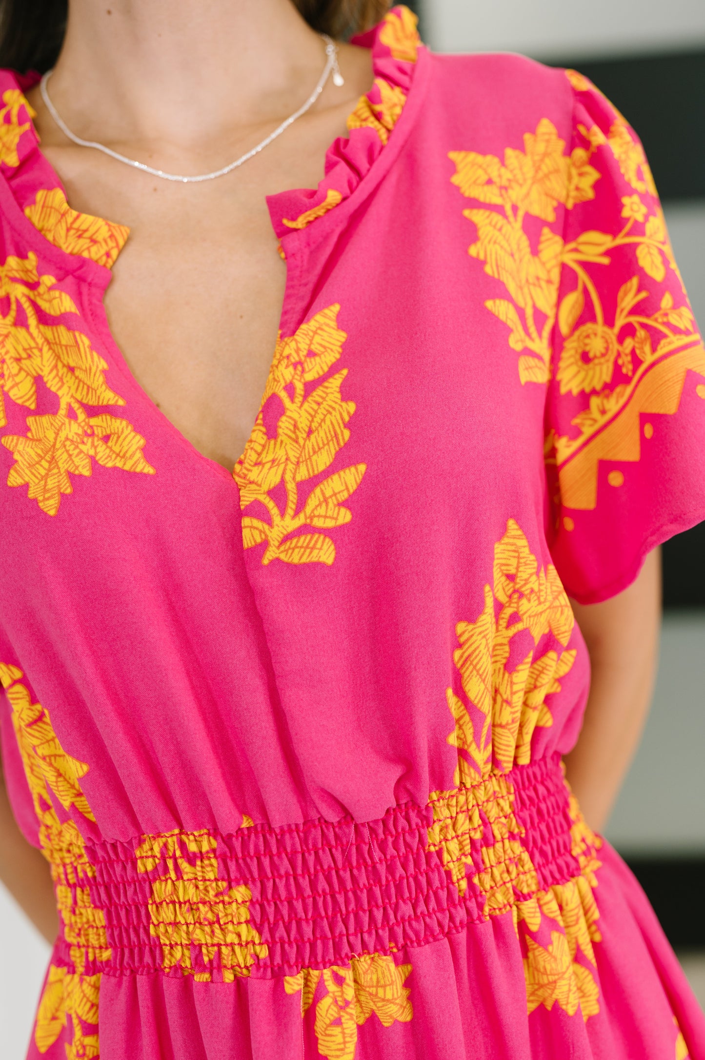 Whispering Willow V-Neck Dress in Fuchsia