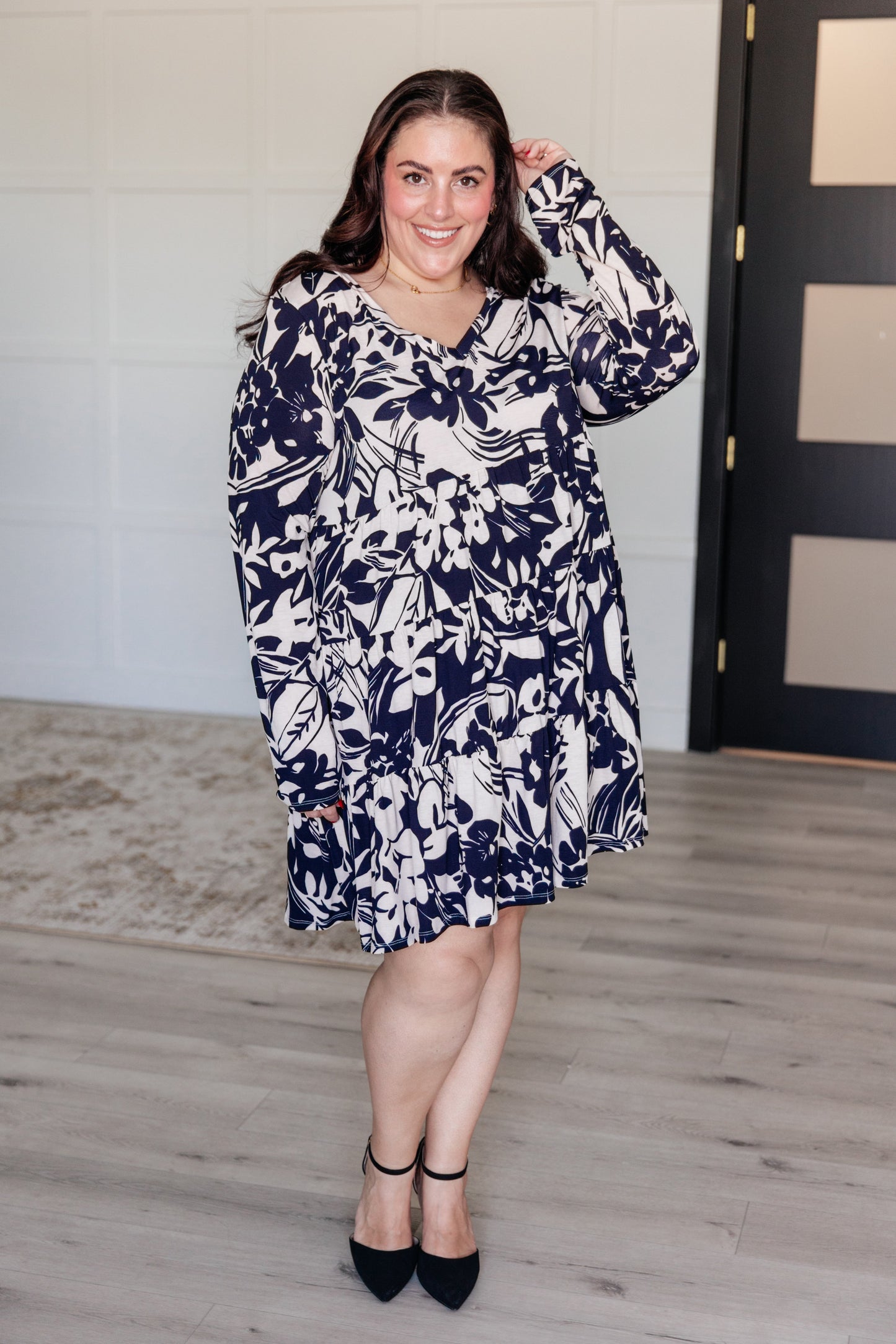 Worthwhile Moment Floral Tiered Dress in Oatmeal and Navy