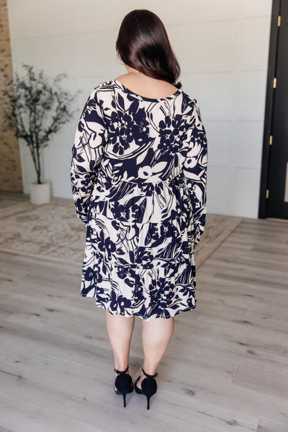 Worthwhile Moment Floral Tiered Dress in Oatmeal and Navy