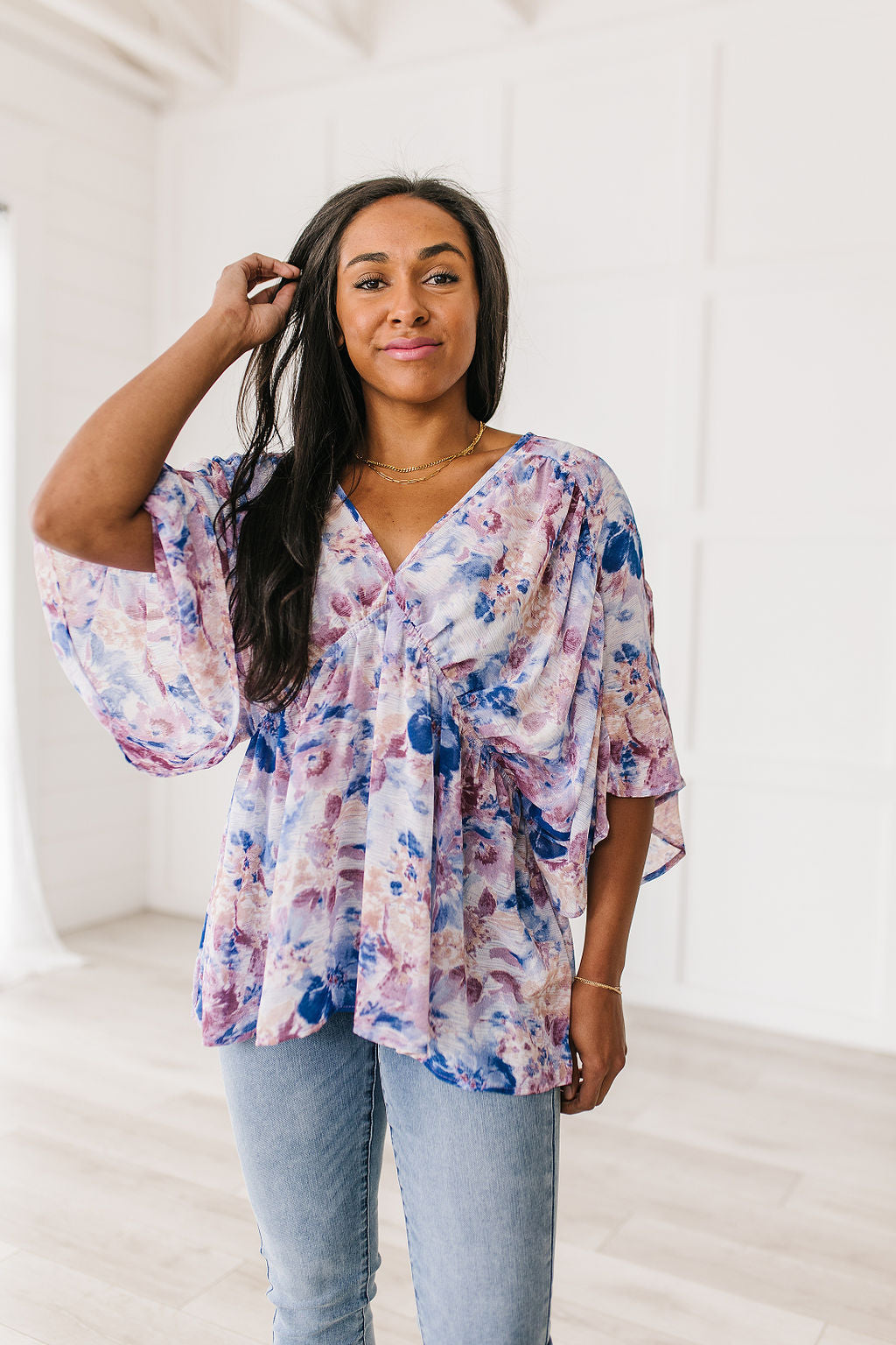 Fabled in Floral Draped Peplum Top in Blue Parker Co. Boutique