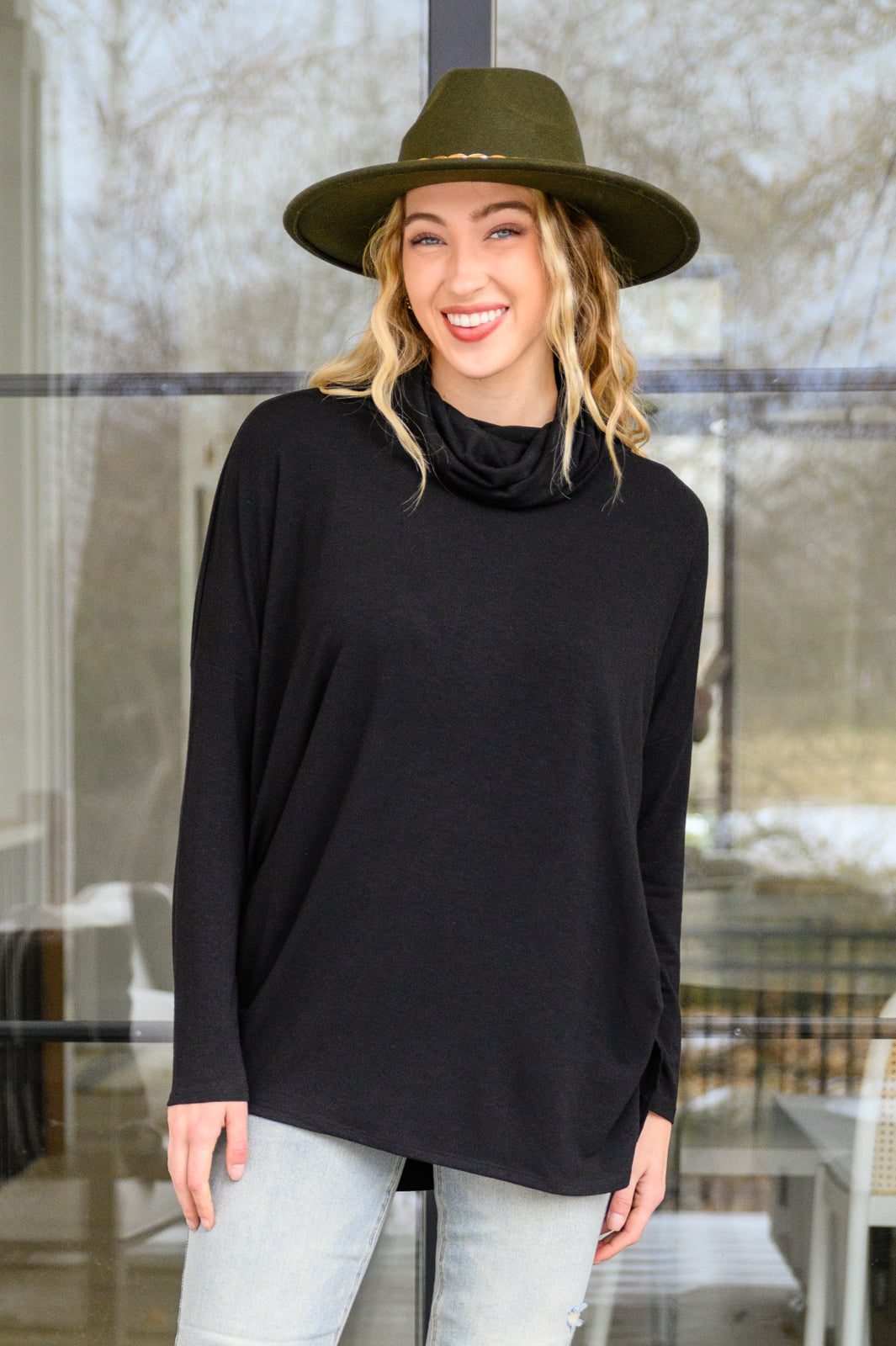 Hilton Cowl Neck Long Sleeve Top in Black