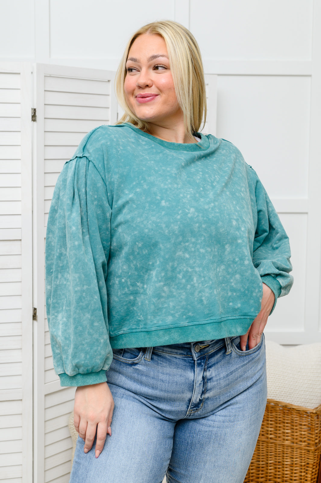 Tied Up In Cuteness Mineral Wash Sweater in Teal