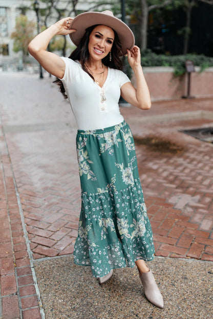 Zoe Floral Middi Skirt in Hunter Green